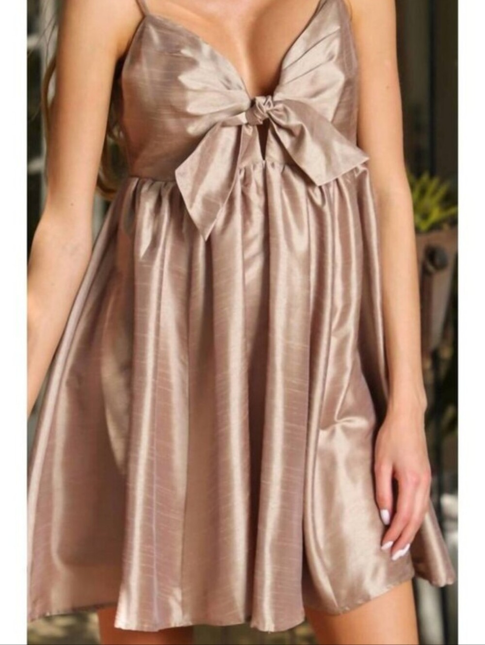 Aakaa Shimmery Taupe Bow-Front Satin Party Dress